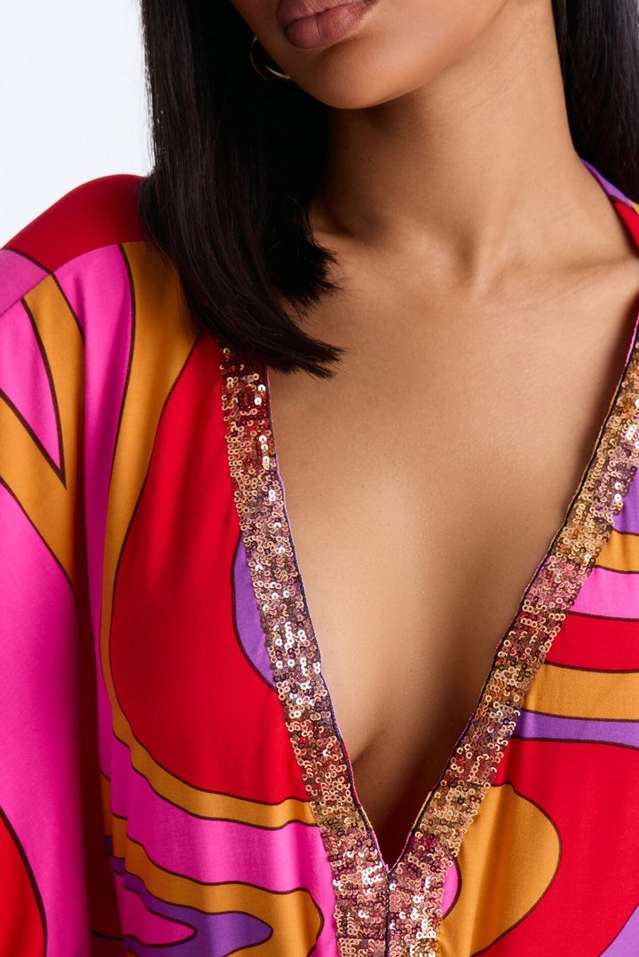 Mirage Pool Sequins Cover Up Maxi Kaftan - Hot Pink/combo