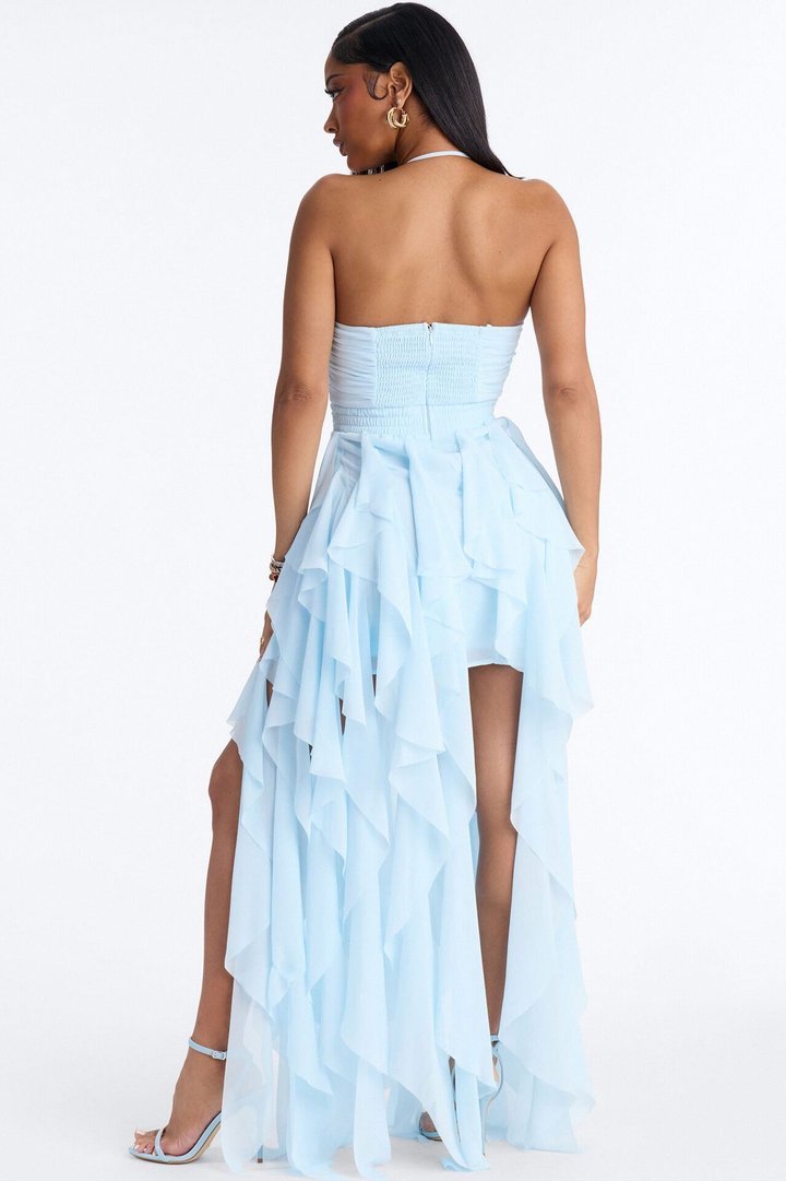 Soft Glam Ruffle Chiffon Gown - Light Blue