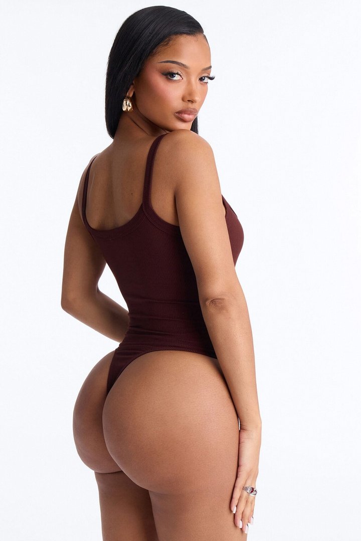 Lara Square Neck Ribbed Bodysuit - Brown
