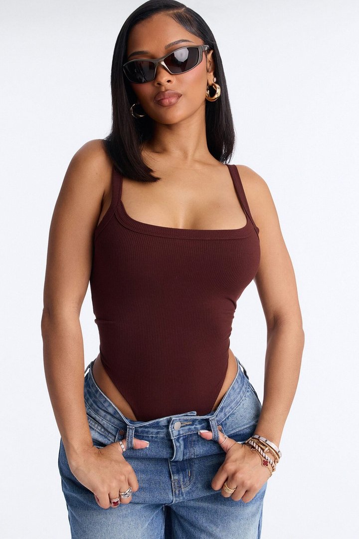Lara Square Neck Ribbed Bodysuit - Brown
