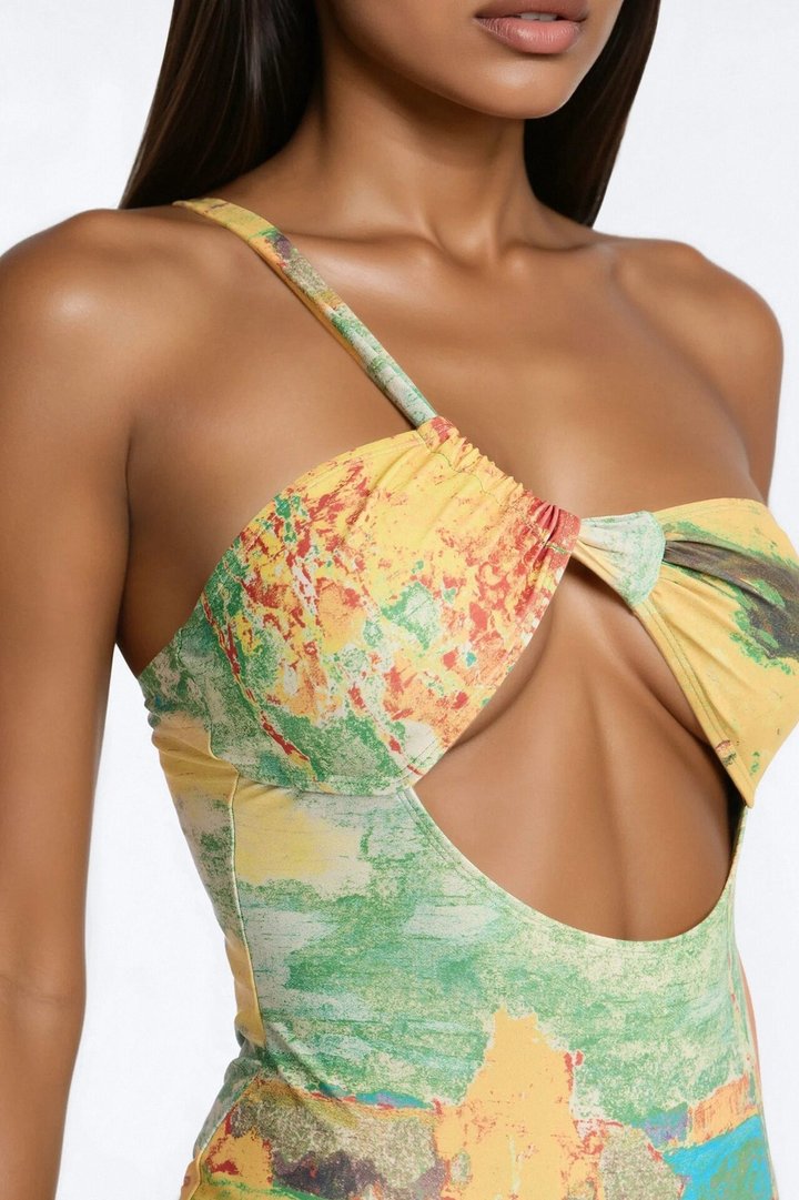 Areli Abstract One shoulder Cut Out 1 Piece Swimsuit & Sarong Set - Green/combo