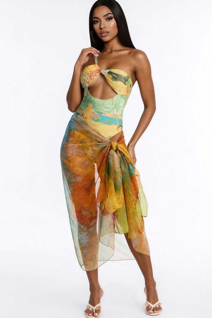 Areli Abstract One shoulder Cut Out 1 Piece Swimsuit & Sarong Set - Green/combo