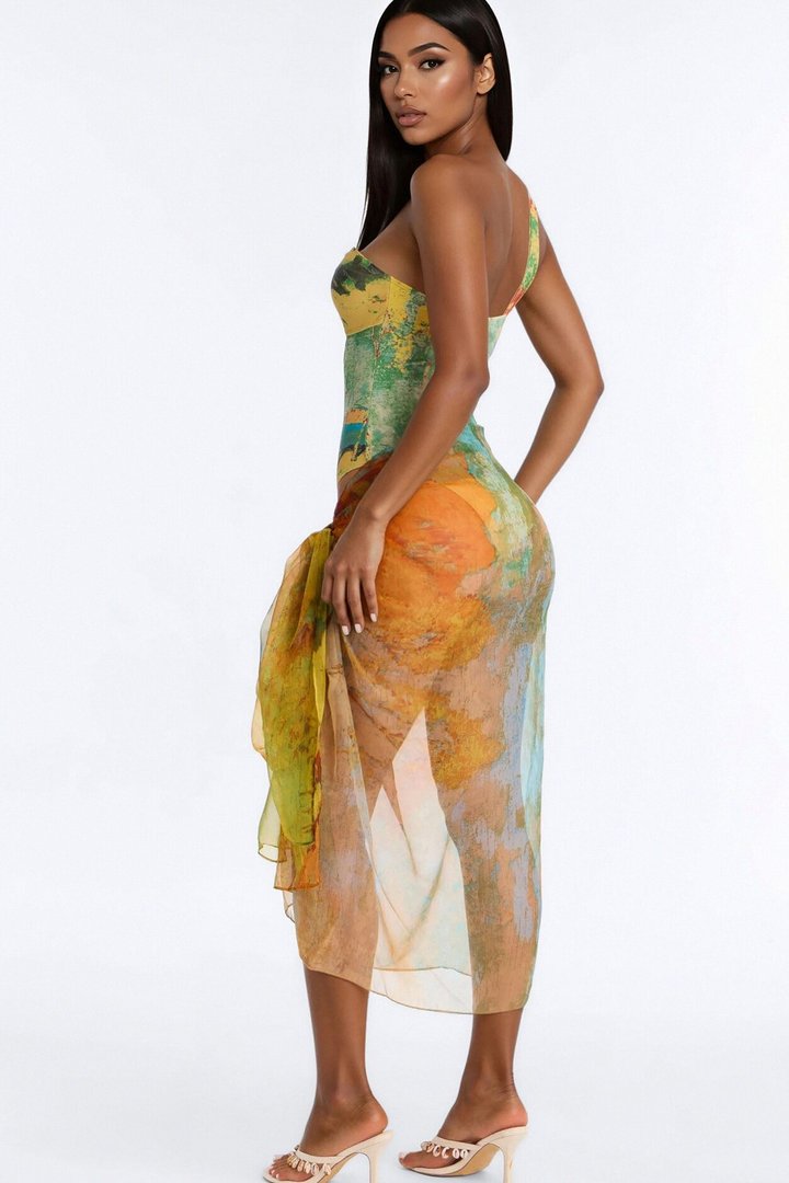 Areli Abstract One shoulder Cut Out 1 Piece Swimsuit & Sarong Set - Green/combo