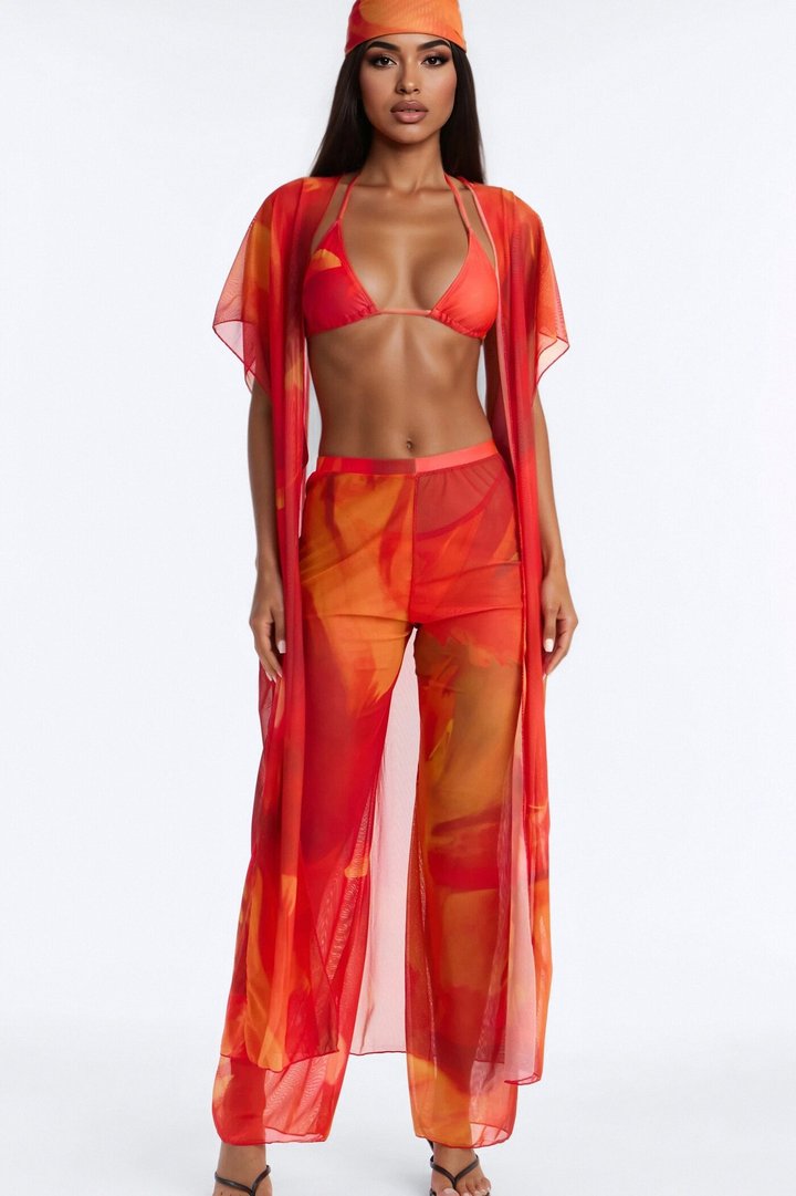 Katerina 5 Piece Ombre Bikini Kimono & Pant Set With Headscarf - Multi Color