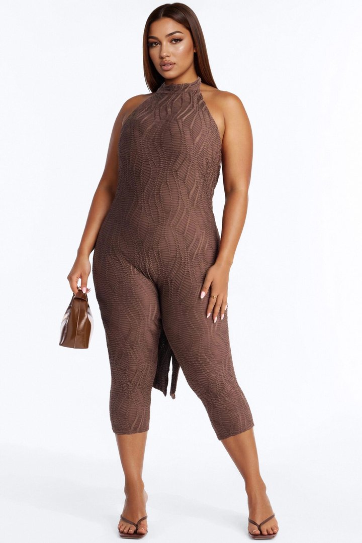 Carina High Neck Textured Backless Capri Catsuit - Chocolate
