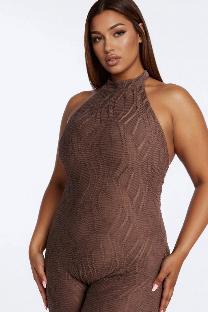 Carina High Neck Textured Backless Capri Catsuit - Chocolate