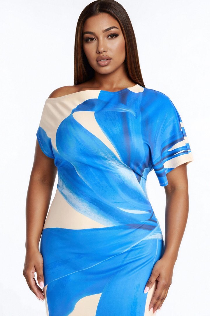 Gardenia One Shoulder Floral Midi Dress - Blue/combo
