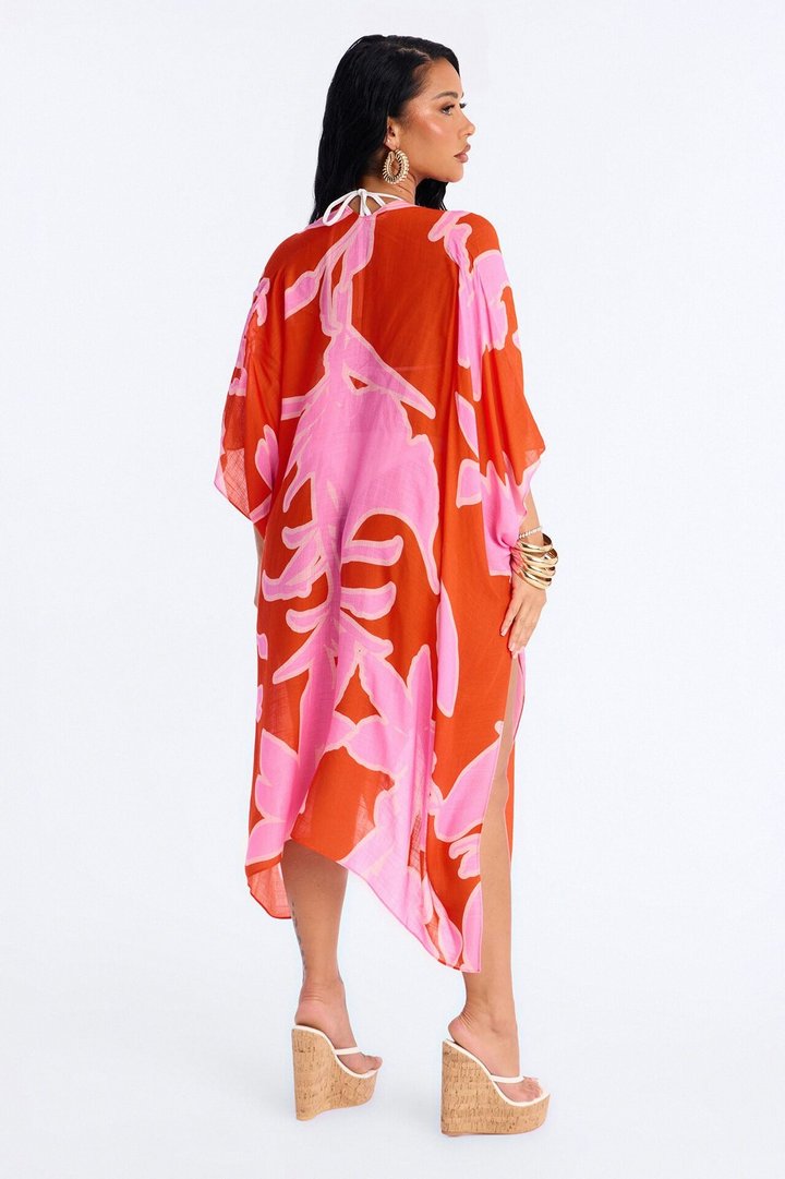 Seas The Day Abstract Swim Cover Up Kimono - Pink/combo