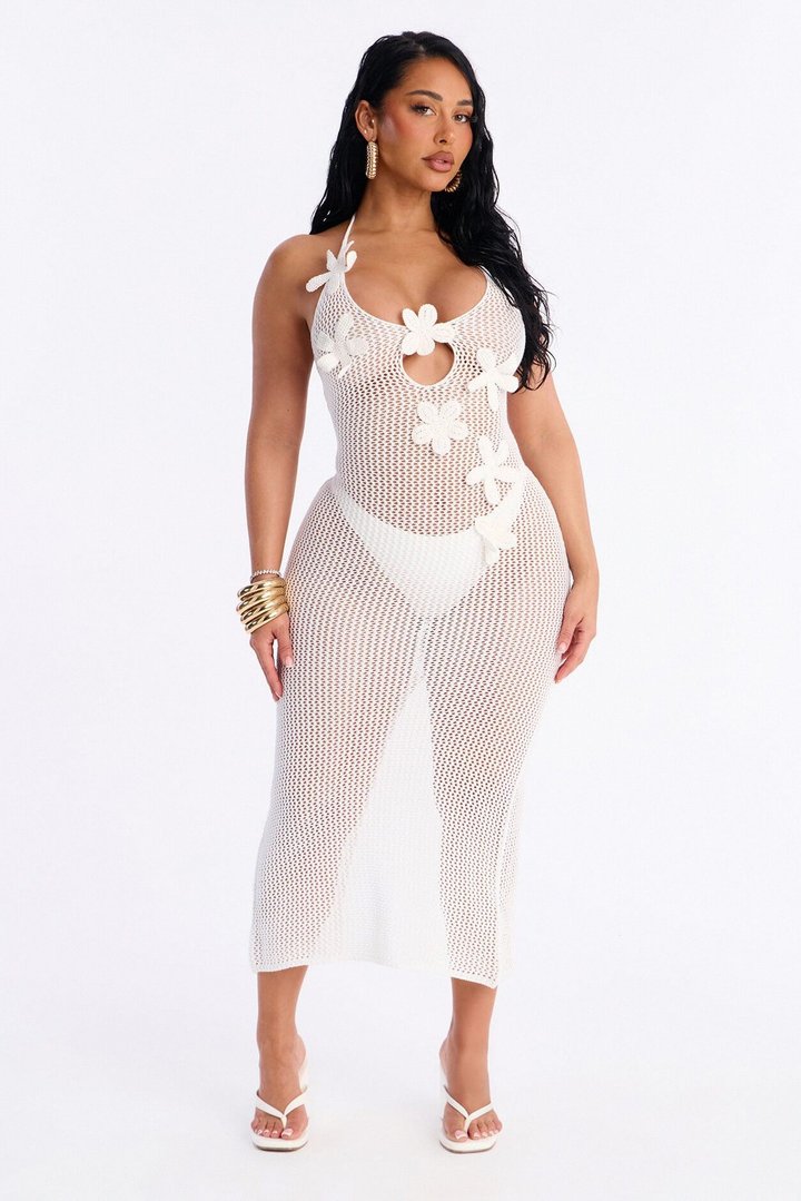 Warm Sunny Days 3D Floral Applique Halter Neck Crochet Maxi Swim Cover Up Dress - Off White