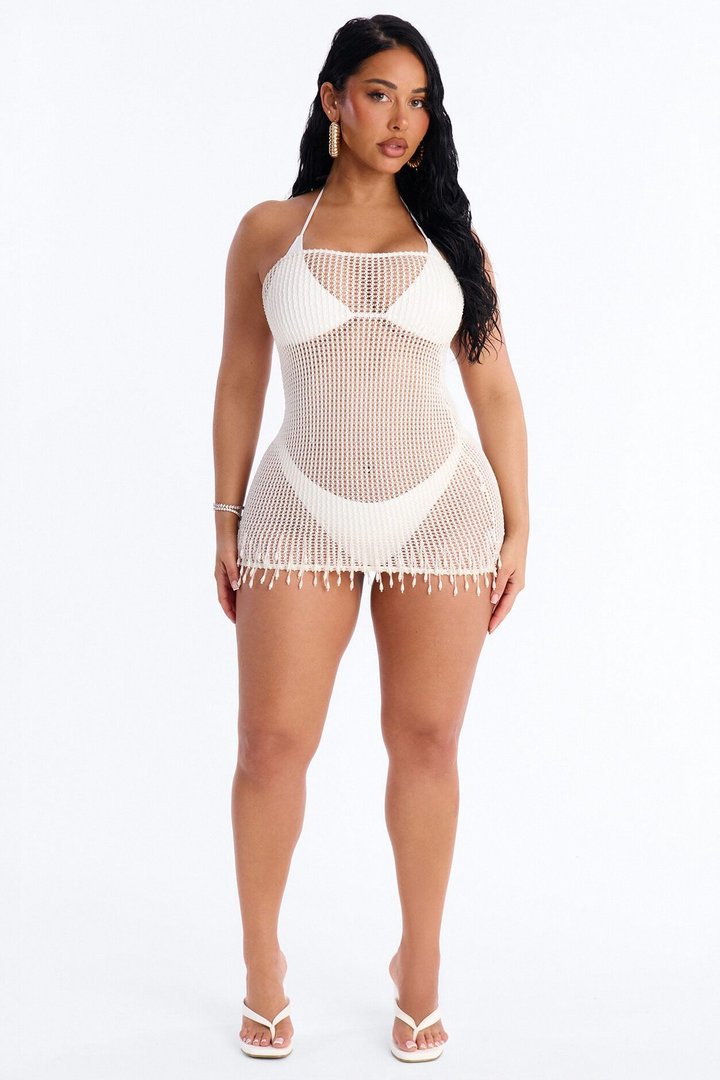 Macha And Sea Breeze Crochet Beaded Fringe Trim Strapless Mini Swim Cover Up Dress - Cream