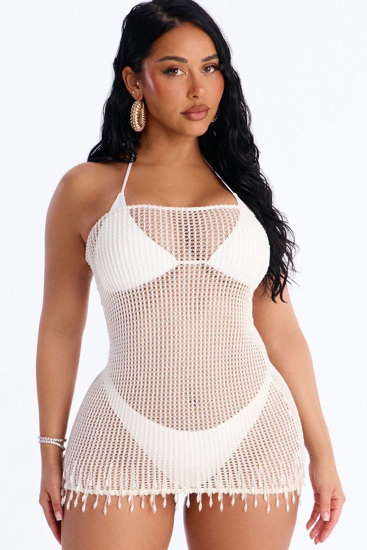 Macha And Sea Breeze Crochet Beaded Fringe Trim Strapless Mini Swim Cover Up Dress - Cream