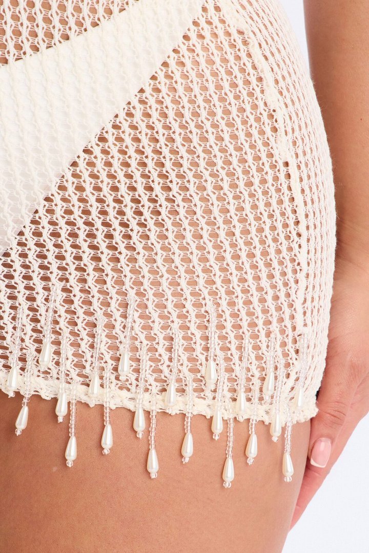 Macha And Sea Breeze Crochet Beaded Fringe Trim Strapless Mini Swim Cover Up Dress - Cream