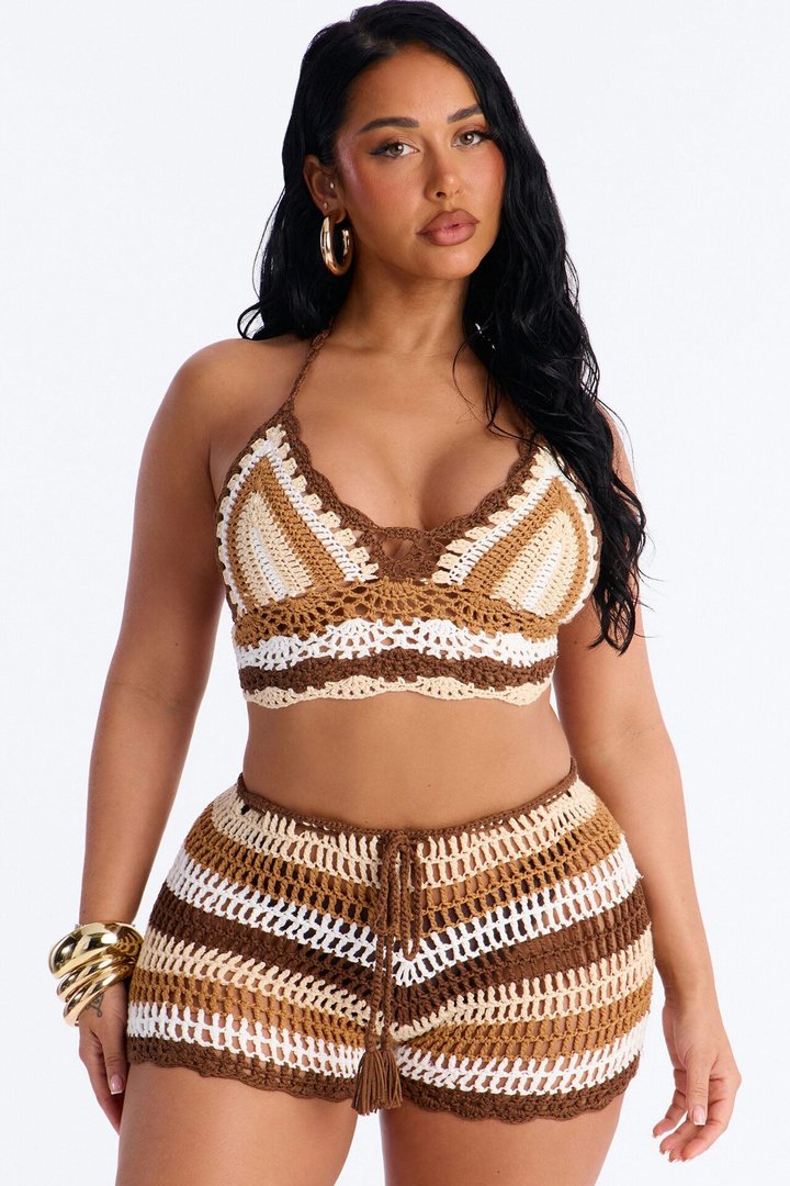 Priscilla Crochet 2 Piece Sunsuit - Brown/combo