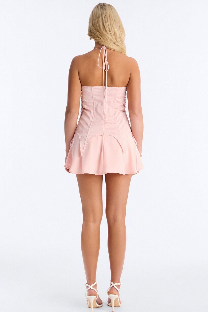 Spring Floral Jacquard Mini Dress - Light Pink