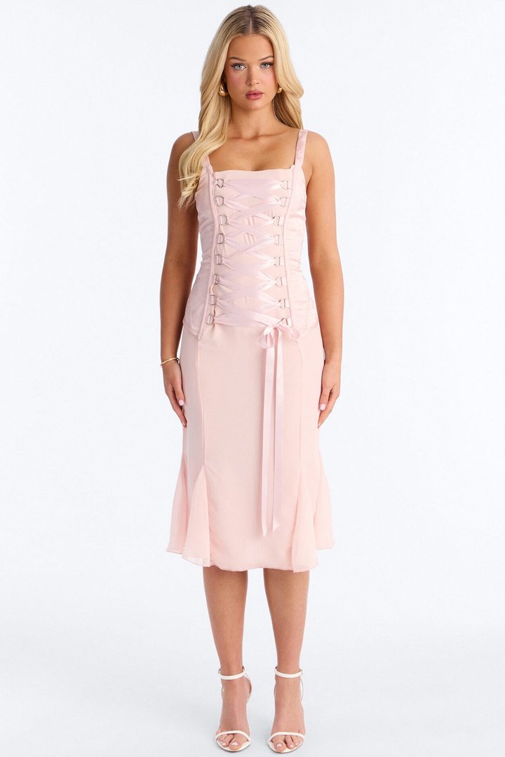 Spring Floral Jacquard Midi Dress - Light Pink