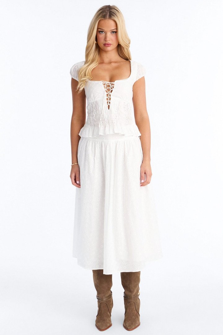 Sweet Pea Eyelet Midi Skirt Set - White
