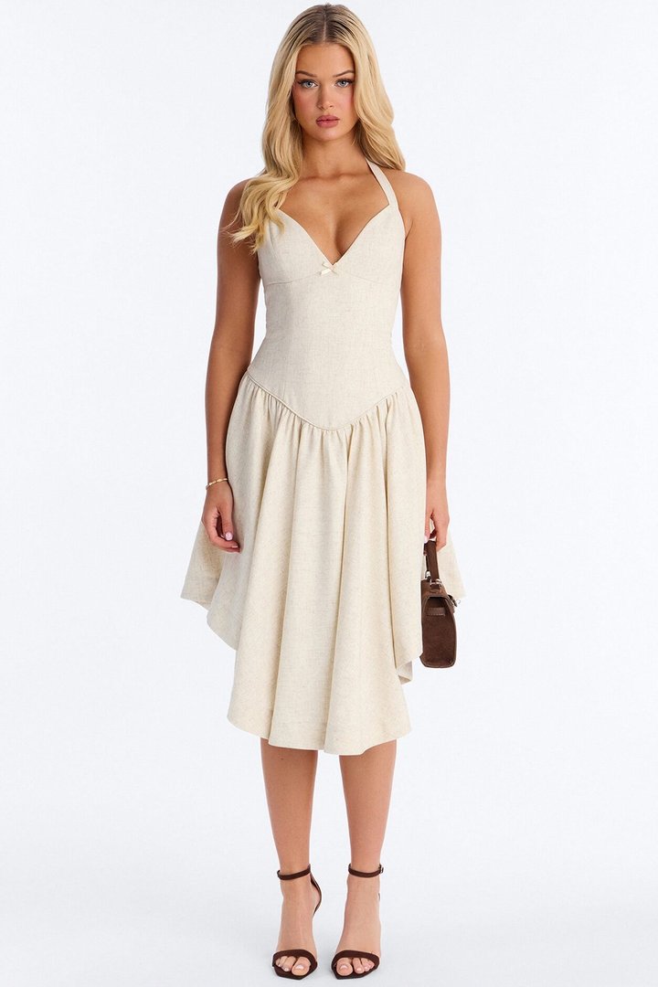 Linen Bloom Halter Midi Dress - Natural