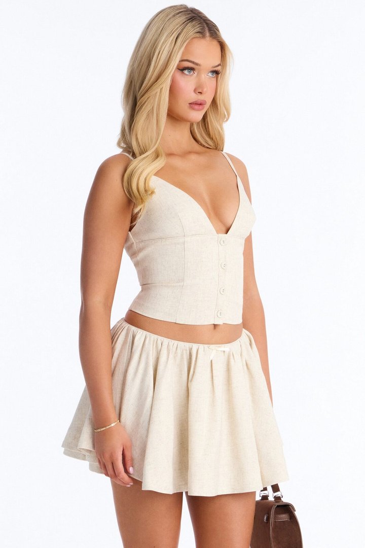 Linen Bloom Mini Skirt Set - Natural