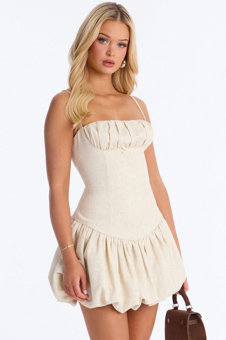 Linen Bloom Bubble Mini Dress - Natural