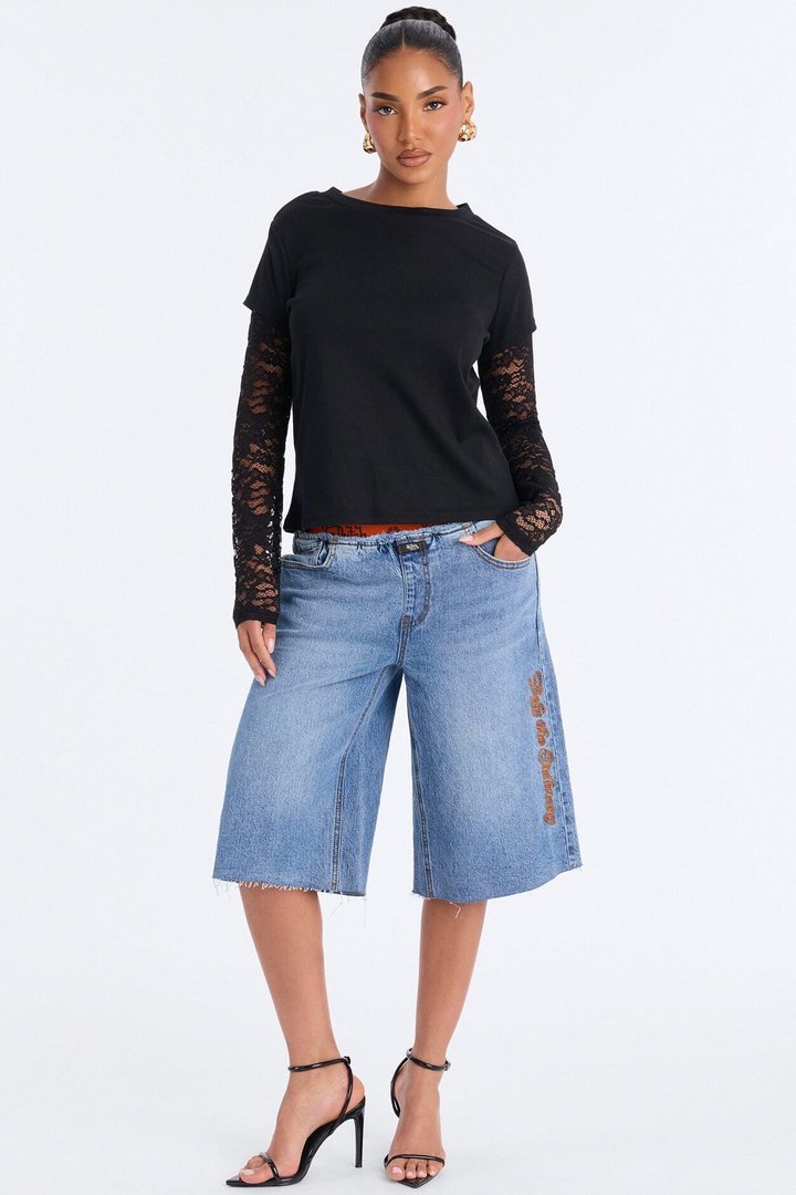 Selene Crew Neck Lace Long Sleeve Top - Black