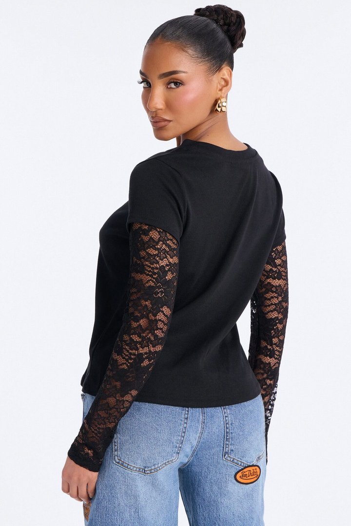 Selene Crew Neck Lace Long Sleeve Top - Black