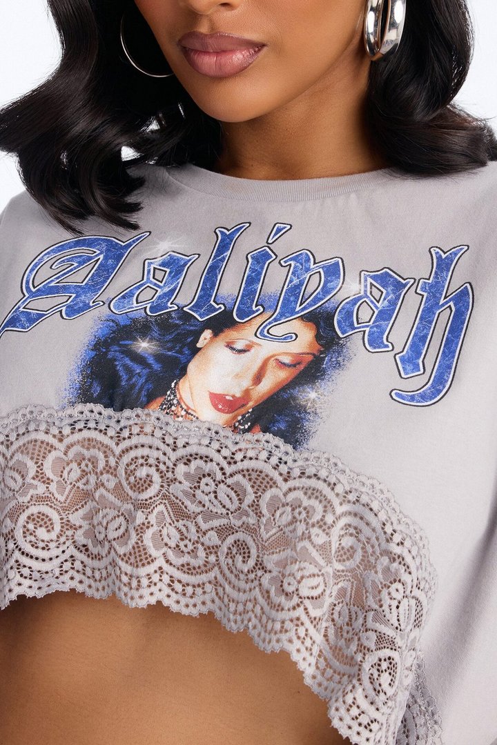 Aaliyah Cropped Lace Bottom Tee - Grey