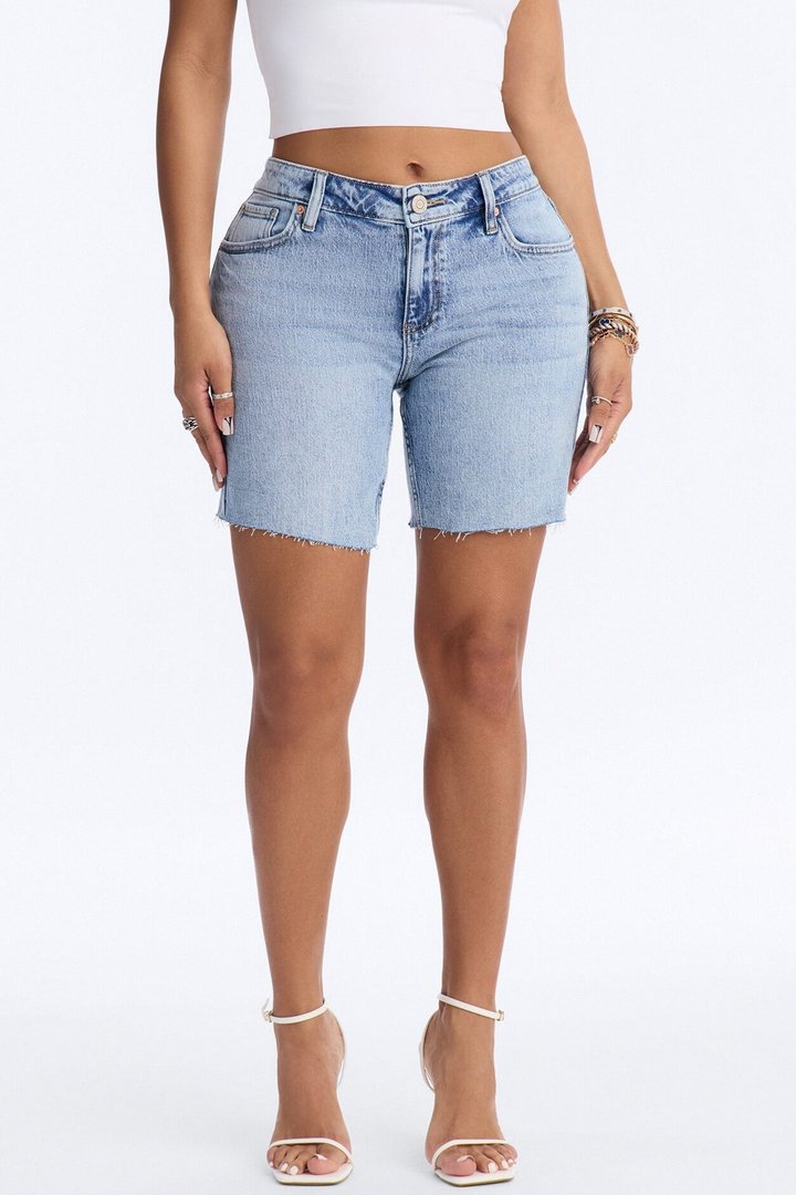 Busy Bee Raw Hem Denim Shorts - Medium Wash