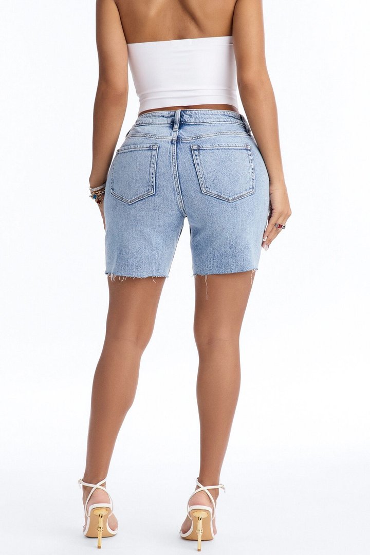 Busy Bee Raw Hem Denim Shorts - Medium Wash