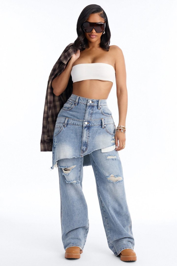 Strike It Up Skirt Overlay Ripped Jeans - Light Wash