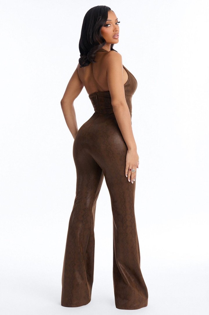 Leah Snake Flare Leg Jumpsuit - Brown