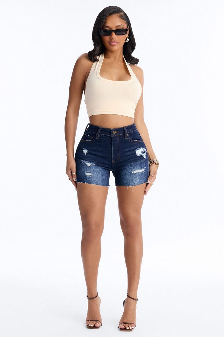 Emelia Stretch Cut Off Denim Shorts - Dark Wash