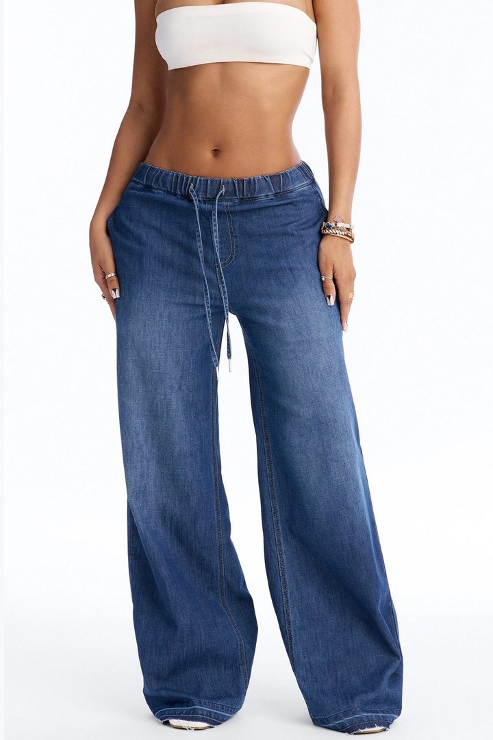 Marina Stretch Crosshatch Tie Waist Jeans - Medium Wash