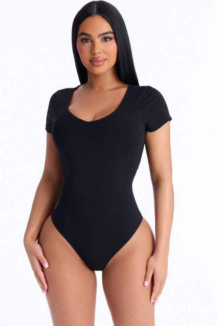 Marion Double Lined V Neck Bodysuit - Black
