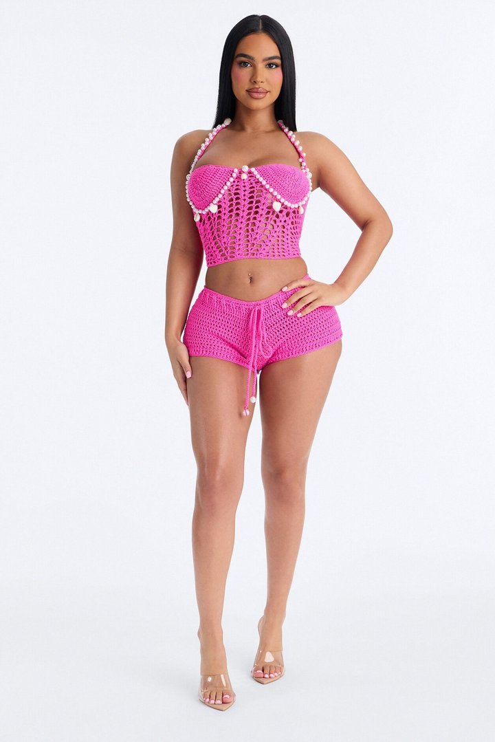 Kalea Pearls & Shells Rope Crochet 2 Piece Sunsuit - Hot Pink