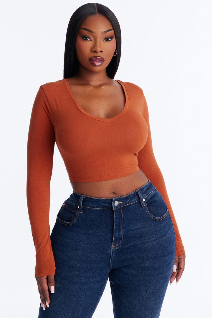 Carly V Neck Crop Long Sleeve Tee - Rust