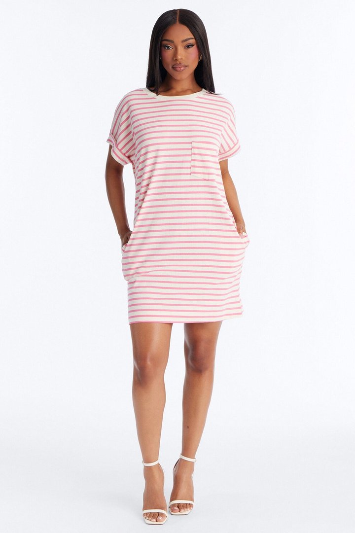 Raelynn Short Sleeve Cotton Shirt Mini Dress - White/Pink