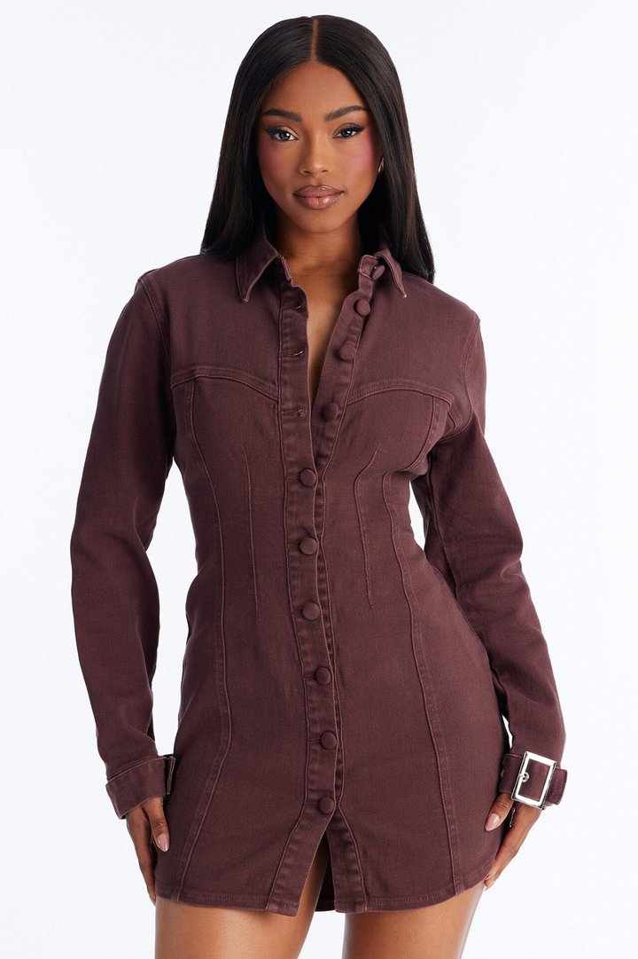 Miley Long Sleeve Denim Mini Dress - Brown