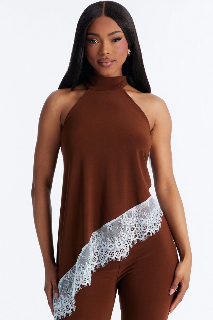 Clean Slate Lace Trim Pant Set - Brown