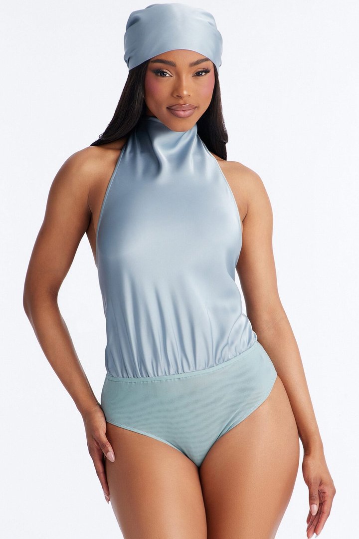 Isabelle Satin Halter Bodysuit 3 Piece Pant Set - Slate Blue