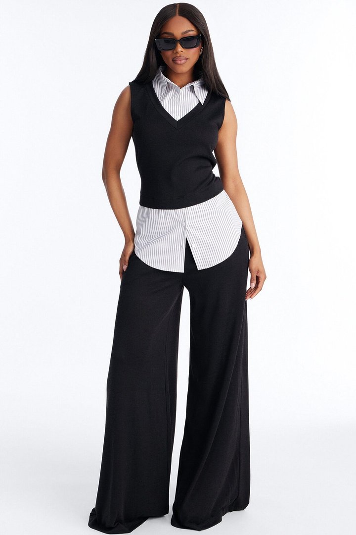 Class Act Sleeveless Pinstripe Pant Set - Black/combo