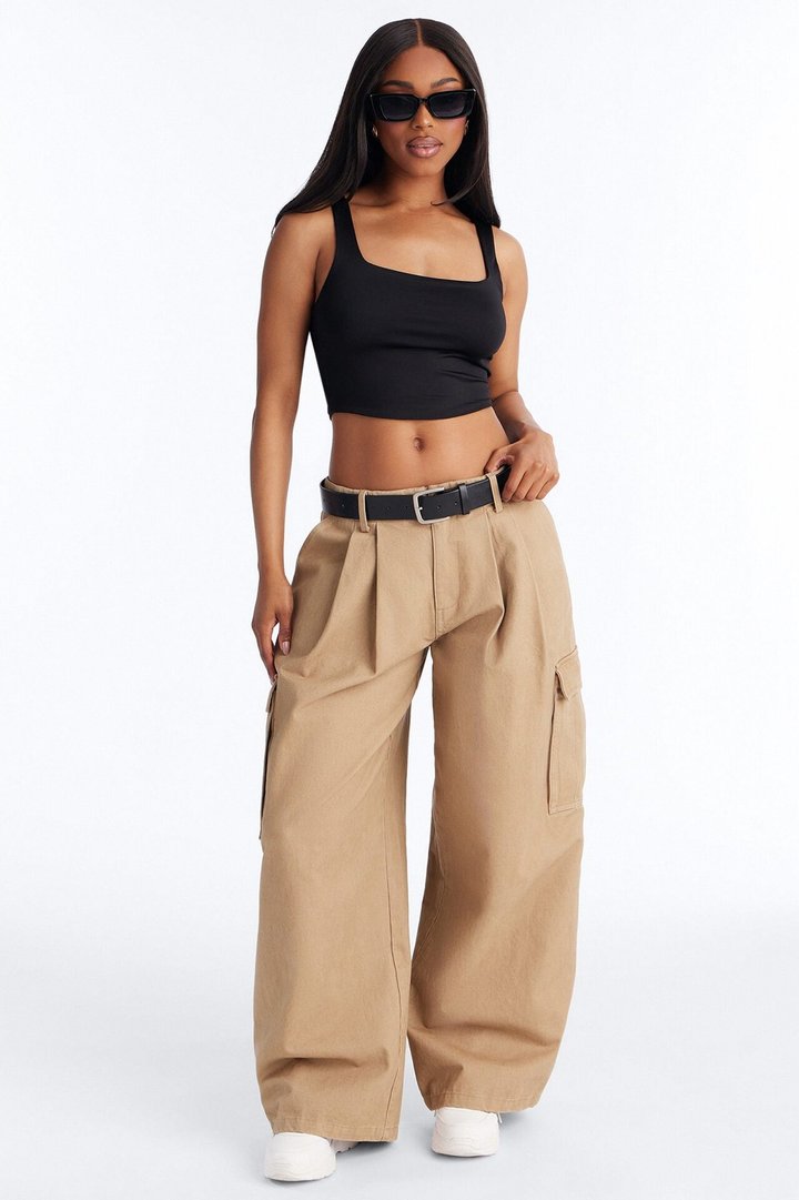 Raelynn Low Rise Belted Barrel Leg Cargo Pant - Khaki