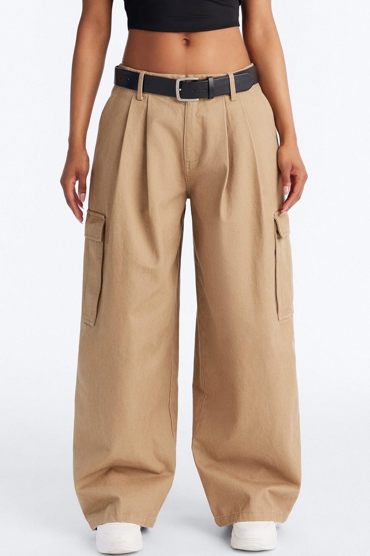 Raelynn Low Rise Belted Barrel Leg Cargo Pant - Khaki