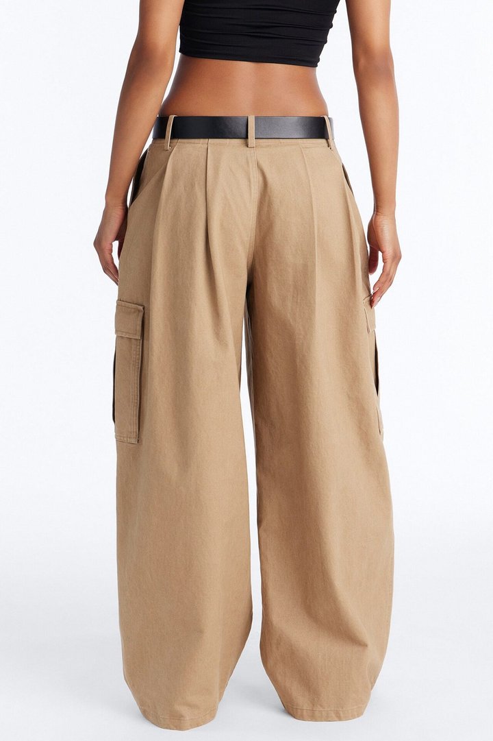 Raelynn Low Rise Belted Barrel Leg Cargo Pant - Khaki
