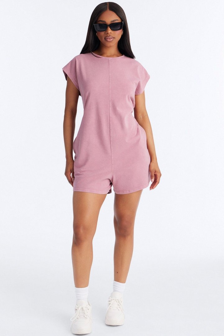 The Washed Cap Sleeve Romper - Mauve
