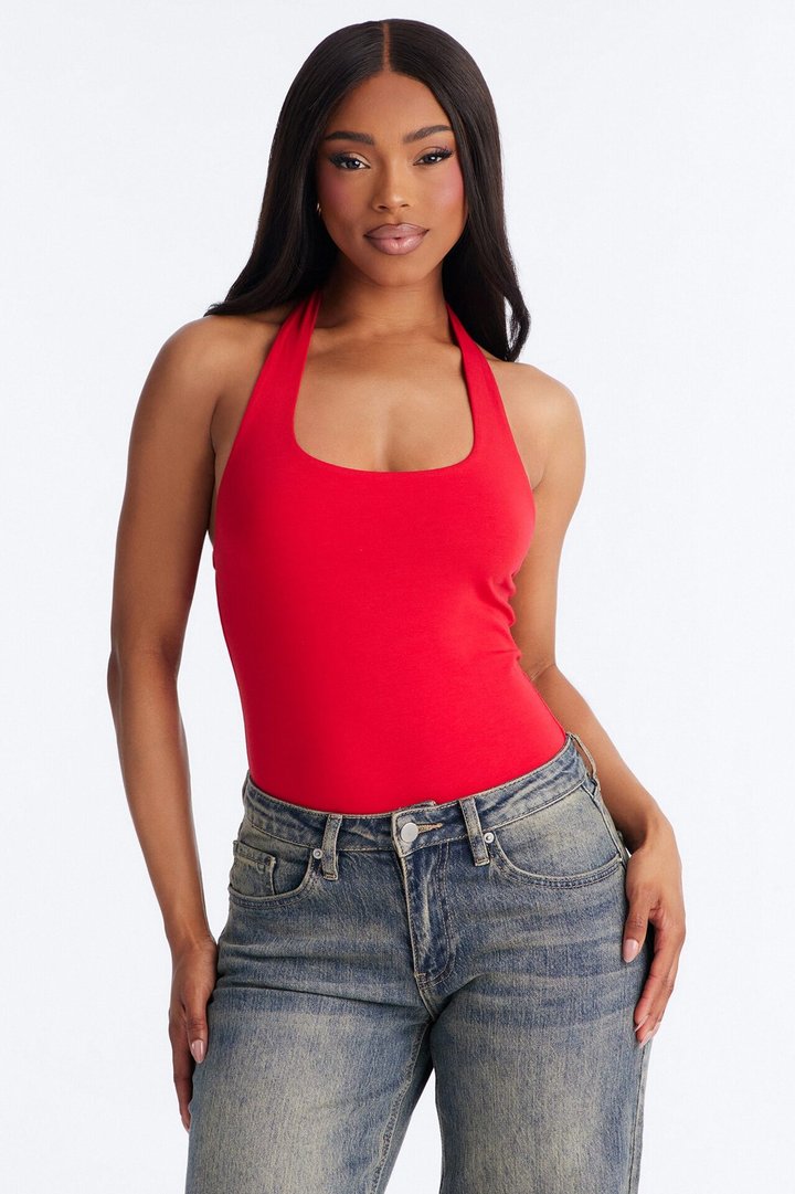 Kayla Double Lined Halter Bodysuit - Red