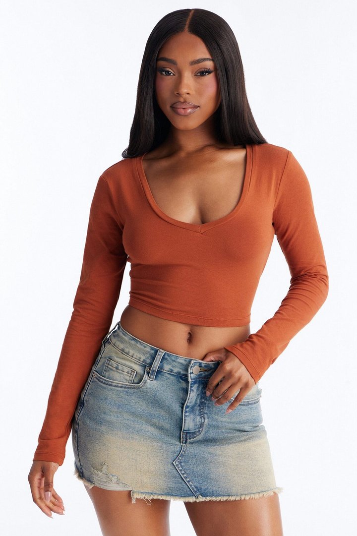 Carly V Neck Crop Long Sleeve Tee - Rust