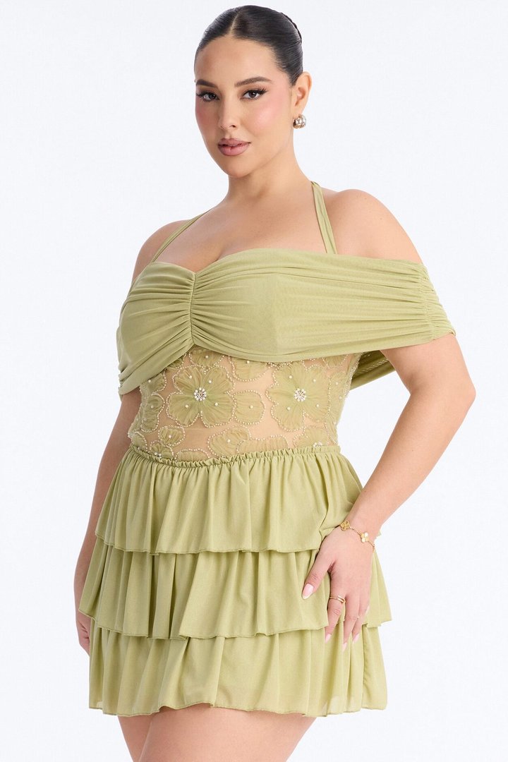 Remi Ruffle Beaded Mesh Mini Dress - Sage
