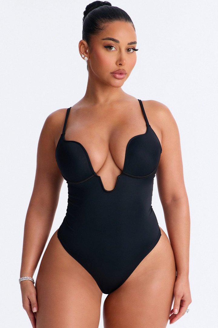 In Your Dreams Deep V Neck Padded Bodysuit - Black