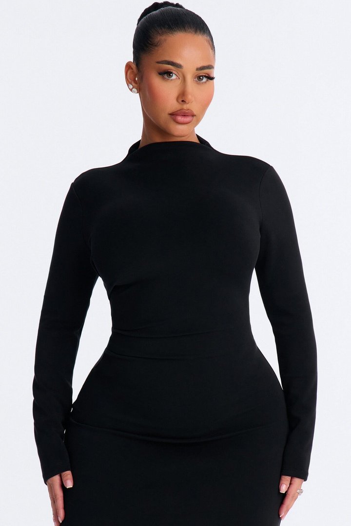 Theresa Long Sleeve Midi Dress - Black