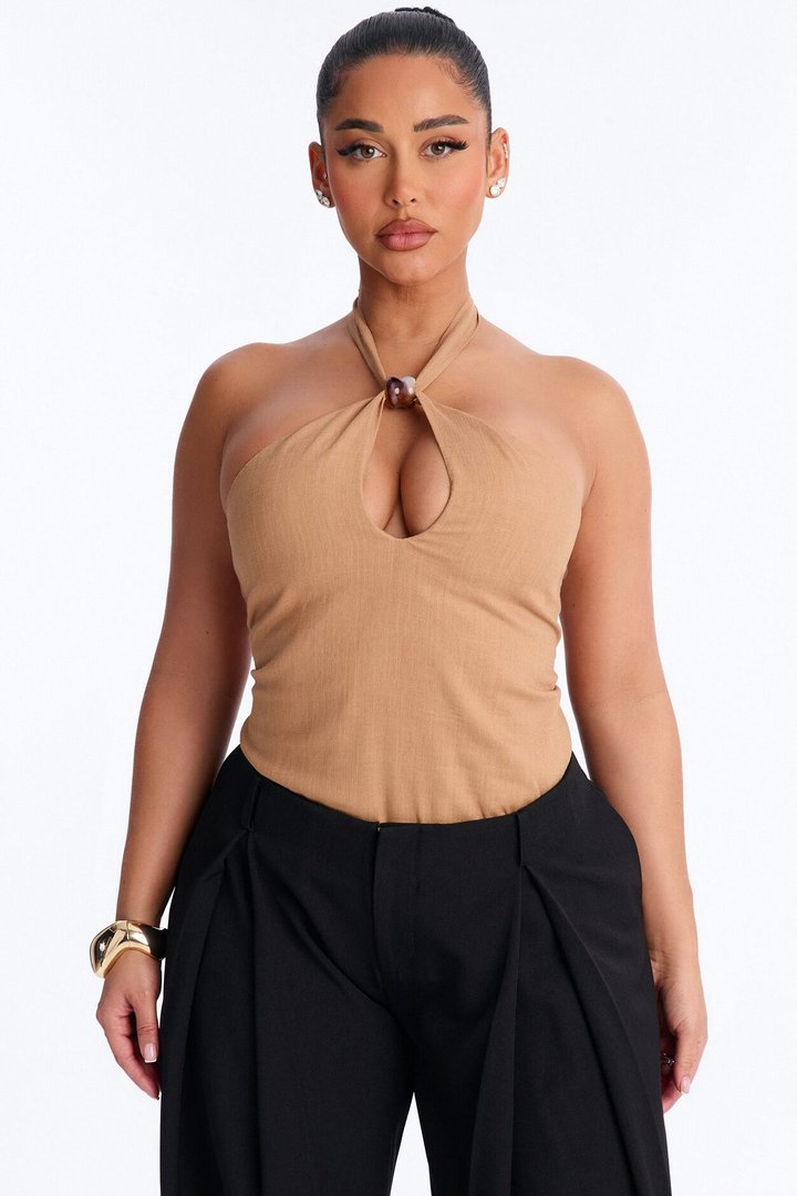 Iced Coffee Beaded Linen Halter Top - Camel
